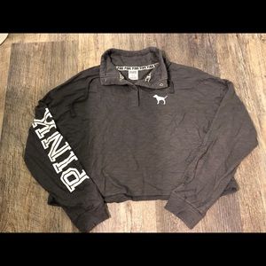 PINK Grey Cropped 1/4 Button Sweatshirt with Logo